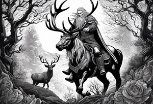 Nordic god Balder in the land of the dead riding on an undead stag tattoo idea