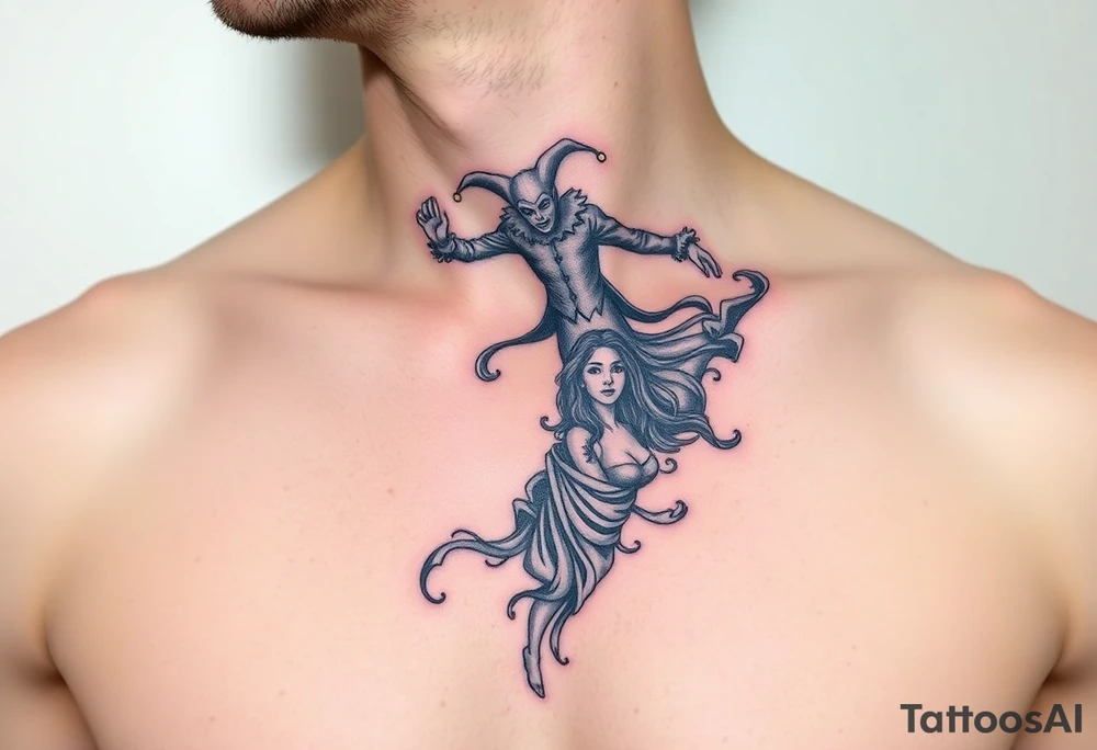 jester hovering over woman in smoke tattoo idea