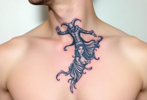 jester hovering over woman in smoke tattoo idea