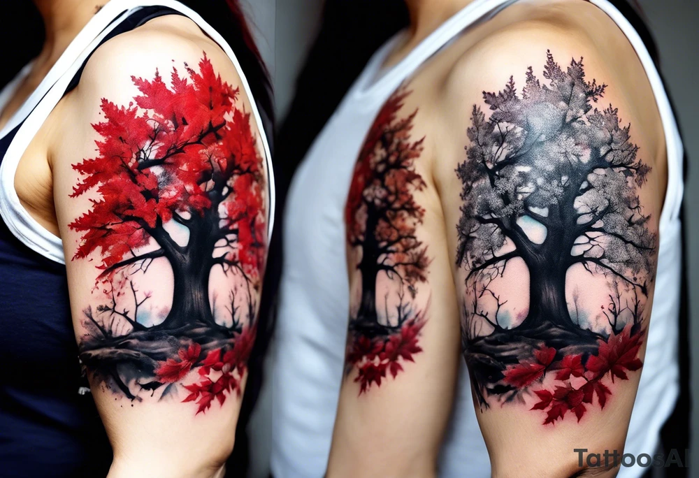 trash polka style. Arm tattoo. chest tattoo. Long tattoo. large tattoo. Full sleeve. Shoulder. A single large maple tree with red autumn leaves that branches upwards from wrist to shoulder. White-throated dipper bird on the trees branches. Calluna flowers at the base of the trees stem. Tree stem has dark colors. Red/yellow sunset behind the trees stem. Leaves falling. tattoo idea