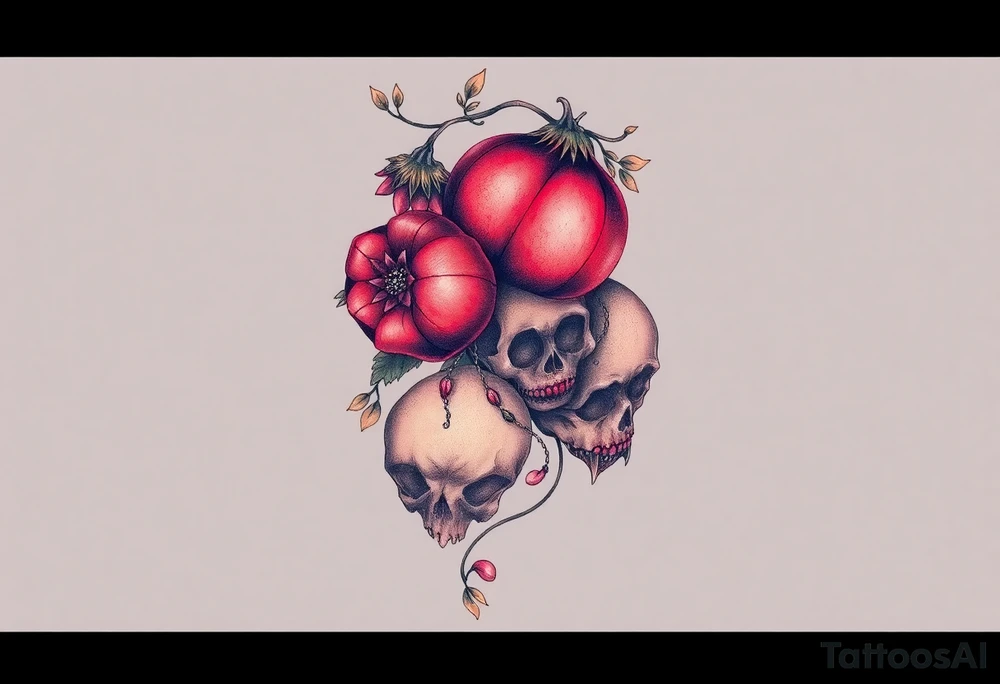 Pomegranate and skulls with female samurai tattoo idea