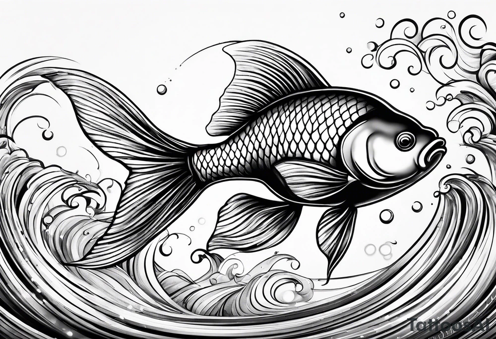 “Create a delicate tattoo of a goldfish swimming in a wave, emphasizing its flowing fins and graceful movement. tattoo idea “Create a delicate tattoo of a goldfish swimming in a wave, emphasizing its flowing fins and graceful movement. tattoo idea