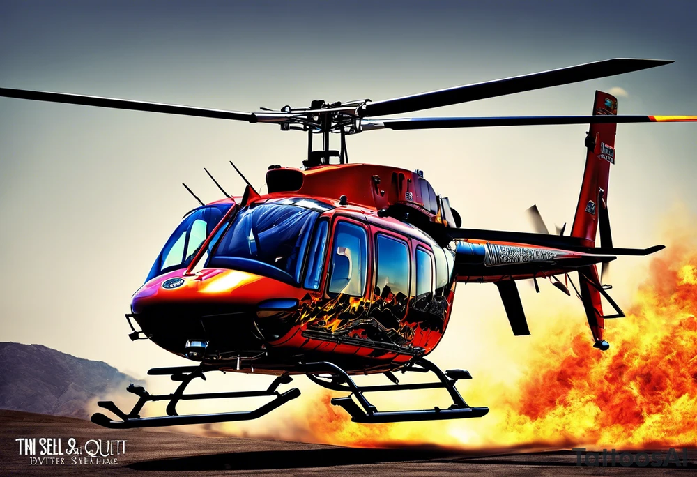 a bell 407 helicopter with the name "T. Sousa" on it, fighting a fire, with the pilot wearing night vision goggles. tattoo idea