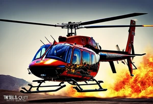 a bell 407 helicopter with the name "T. Sousa" on it, fighting a fire, with the pilot wearing night vision goggles. tattoo idea