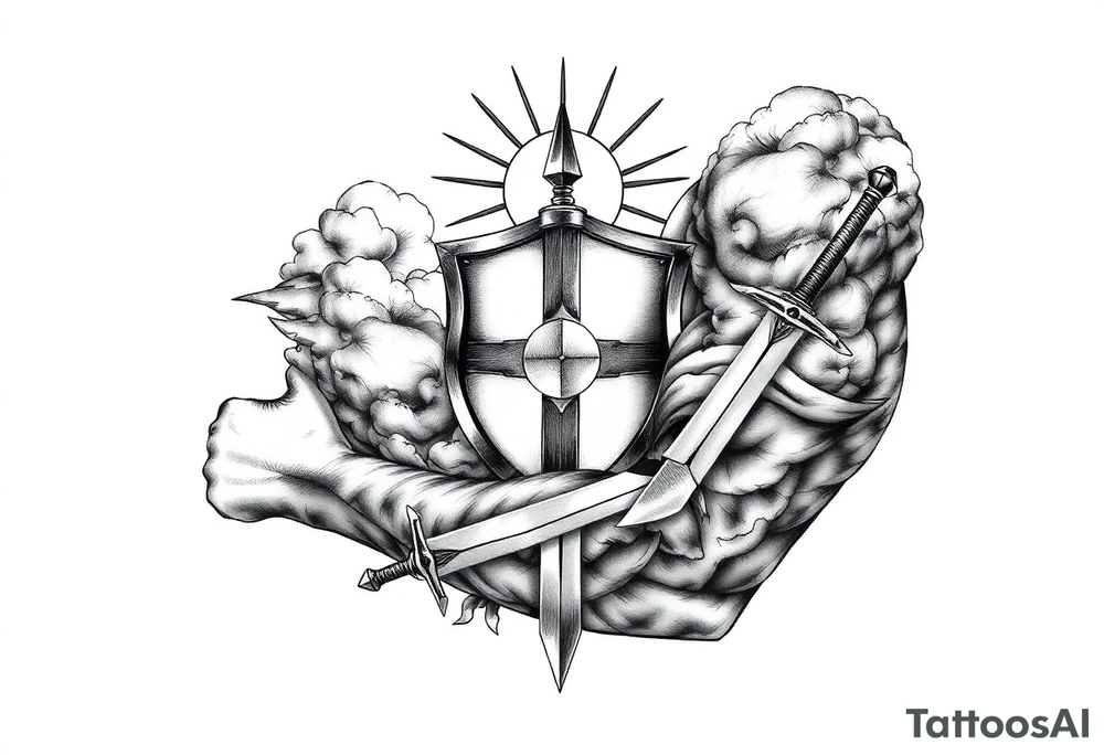 clouds, shield, sword, sun ray tattoo idea