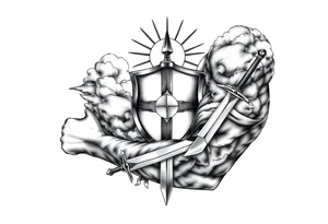 clouds, shield, sword, sun ray tattoo idea