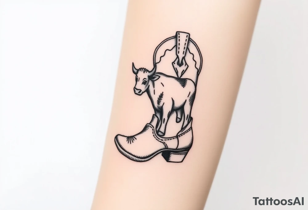 A cowboy boot with a small highland cow stitched into it. tattoo idea