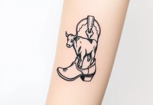A cowboy boot with a small highland cow stitched into it. tattoo idea
