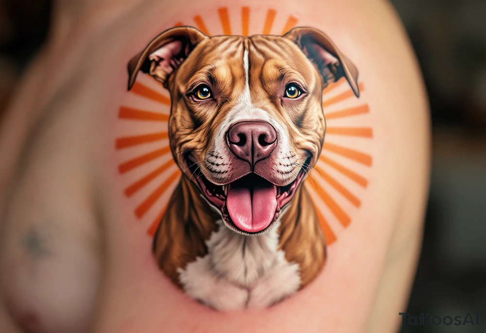 Portrait of a smiling pitbull, soft brown fur and white chest, playful expression, set against a sunburst background in warm orange tones. tattoo idea