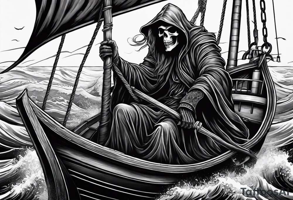Grim reaper riding a ferry with a kraken underneath tattoo idea Grim reaper riding a ferry with a kraken underneath tattoo idea