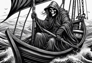 Grim reaper riding a ferry with a kraken underneath tattoo idea