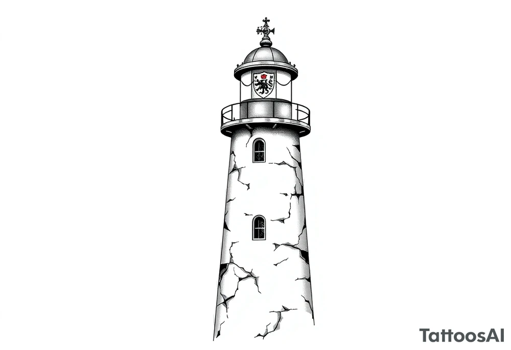 a whole lighthouse with a coat of arms incorporated into the roof tattoo idea