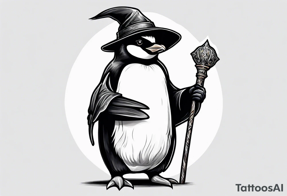 Wizard penguin holding a staff tattoo idea