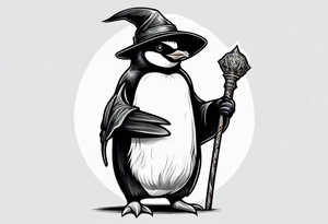 Wizard penguin holding a staff tattoo idea