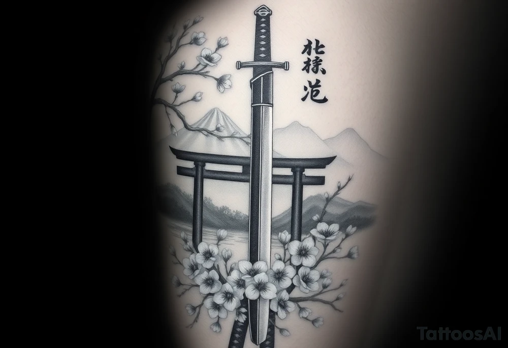 This is a black and gray realism tattoo rooted in discipline, duality, and intention. The centerpiece is a vertical katana, modeled after your original ink, clean and upright like a spine—symbolizing focus, precision, and grounded energy. It’s wrapped in the flowing limbs of a sakura tree, not as an accessory, but as an extension of the blade itself—representing beauty that blooms in adversity. Cherry blossoms aren’t scattered for aesthetics—they move with the wind, some drifting in the foreground, others clinging to the sword like it’s their protector. Behind it all sits a misty torii gate and layered mountains, giving the piece weight, history, and spiritual context. The kanji 平和の剣 (“Sword of Peace”) rides the piece vertically, not slapped on but earned—a message that resonates from the blade outward. The shading is deep and unifying, giving everything one breath, one tone, one story. Nothing floats, nothing competes. The sword doesn’t dominate the art—it becomes the axis around which peace, nature, and power orbit. tattoo idea