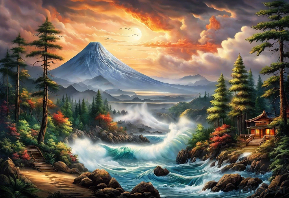 A large landscape tattoo that starts with a volcano with smoke coming out, then the mountain becomes a mountain range that has pine trees and a river, then as you move to the right, the river blends into an ocean with small waves at the beach and palm trees, then the waves turn into larger waves with clouds and the sun on top tattoo idea
