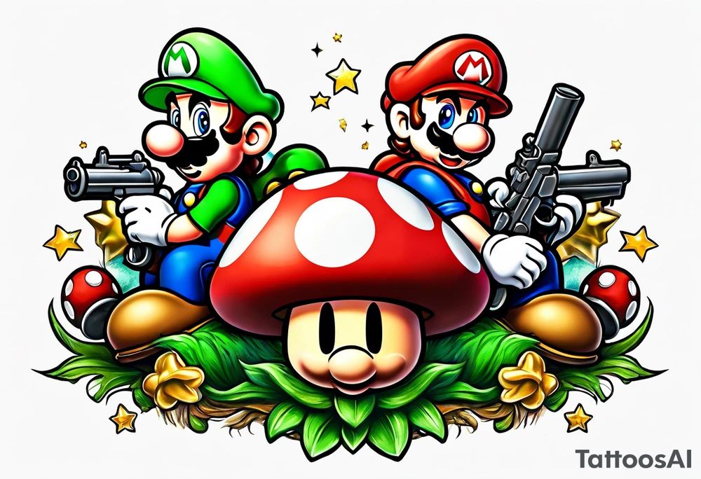 Mario and Luigi big muscles with toadstool and cannons and bombs stars machine guns tattoo idea
