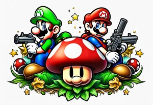 Mario and Luigi big muscles with toadstool and cannons and bombs stars machine guns tattoo idea