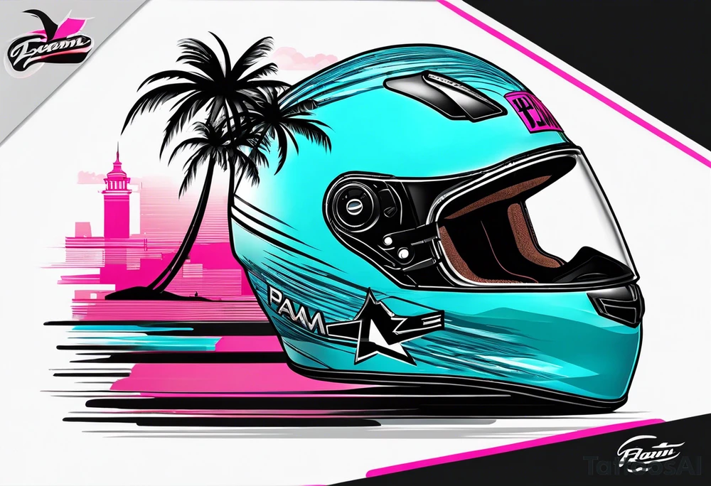 Formula 1 helment with the Miami name a palm tree and light blue black and pink colors 3/4 view tattoo idea