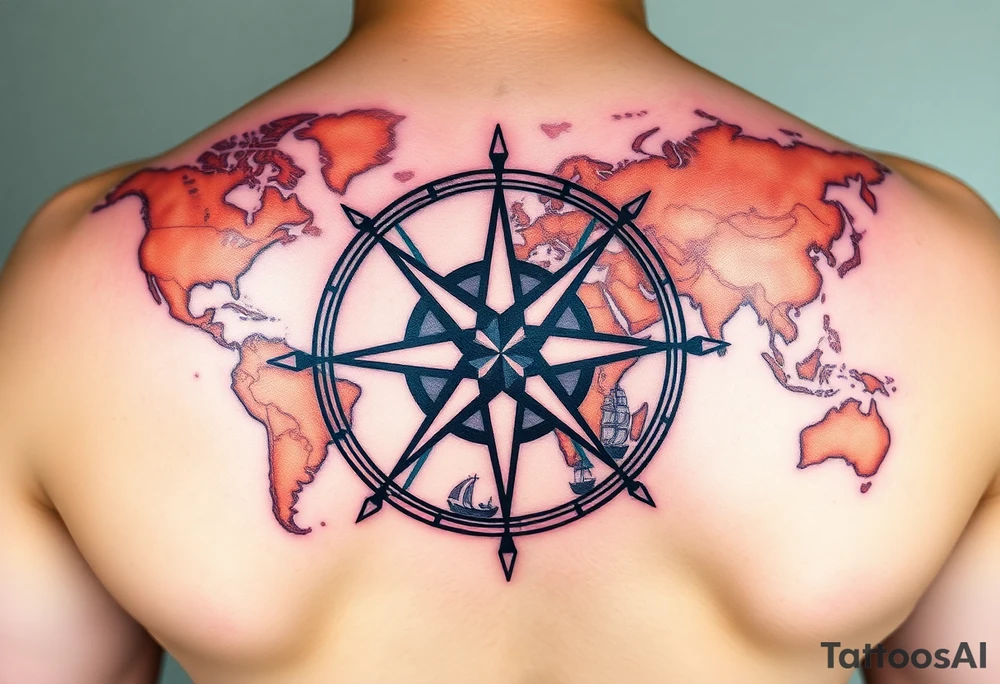 antique compass rose overlaid on weathered world map with sailing ships tattoo idea