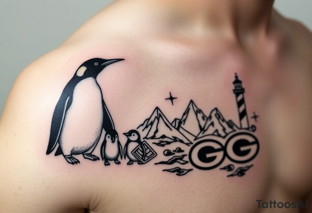 compilation outlining important things in my life such as one adult emperor penguin and 3 baby penguins, celtic trinity knot, lighthouse, mountains/nature, the green bay packers, and something to represent my 3 boys tattoo idea