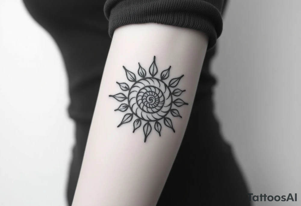 Fibonacci spiral shell inside of sun tattoo idea