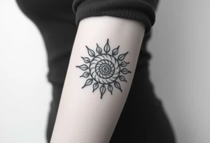 Fibonacci spiral shell inside of sun tattoo idea