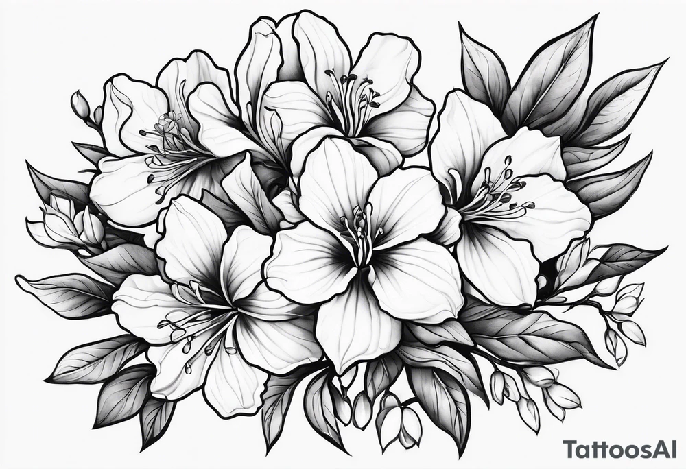 Azaleas with 5 petals, buds, leaves; curved design tattoo idea