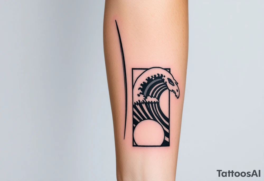New school geometrical concept tattoo with the girl holding surfboard in a vertical position her face is turned 60 degrees to out side, the bottom part of a body is showed, on the right side of a tattoo is the realistic wave closed in a frame. And the bottom of a taro is a palenesiab sun. Link the objects based on new school geometry tattoos. tattoo idea