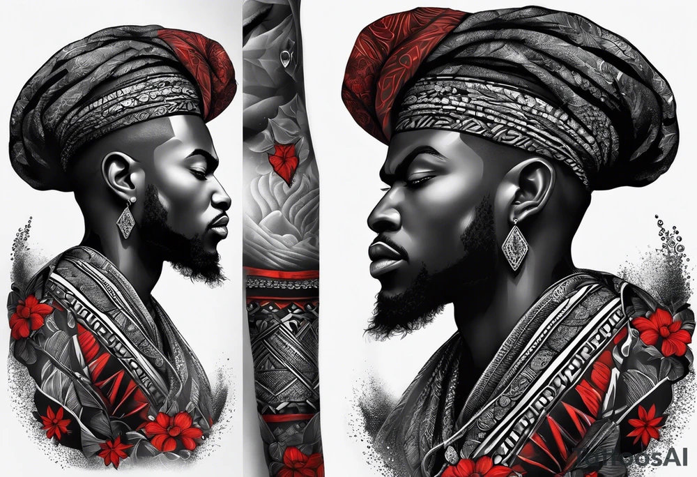 homem divindade africano realista em preto e cinza com os olhos brancos. Fundo da imagem com tons vermelhos. Usando na mão um falo de madeira com cabaças penduradas. tattoo idea