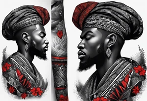 homem divindade africano realista em preto e cinza com os olhos brancos. Fundo da imagem com tons vermelhos. Usando na mão um falo de madeira com cabaças penduradas. tattoo idea