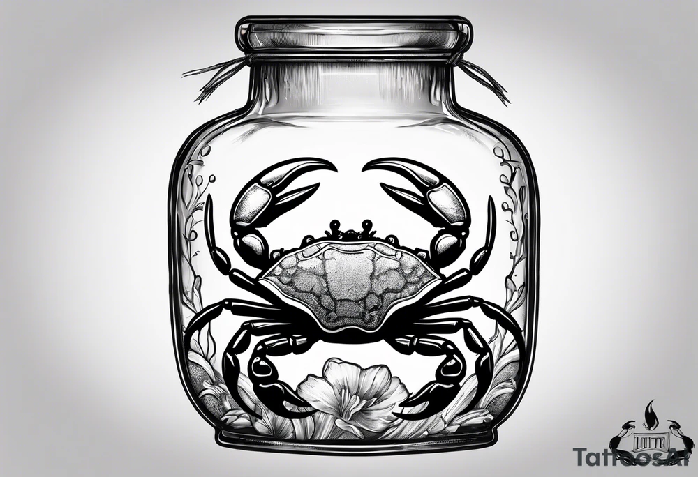 A message in a bottle with crab hanging on to the bottle. The bottle has a cork but is old looking. tattoo idea