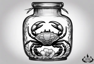 A message in a bottle with crab hanging on to the bottle. The bottle has a cork but is old looking. tattoo idea