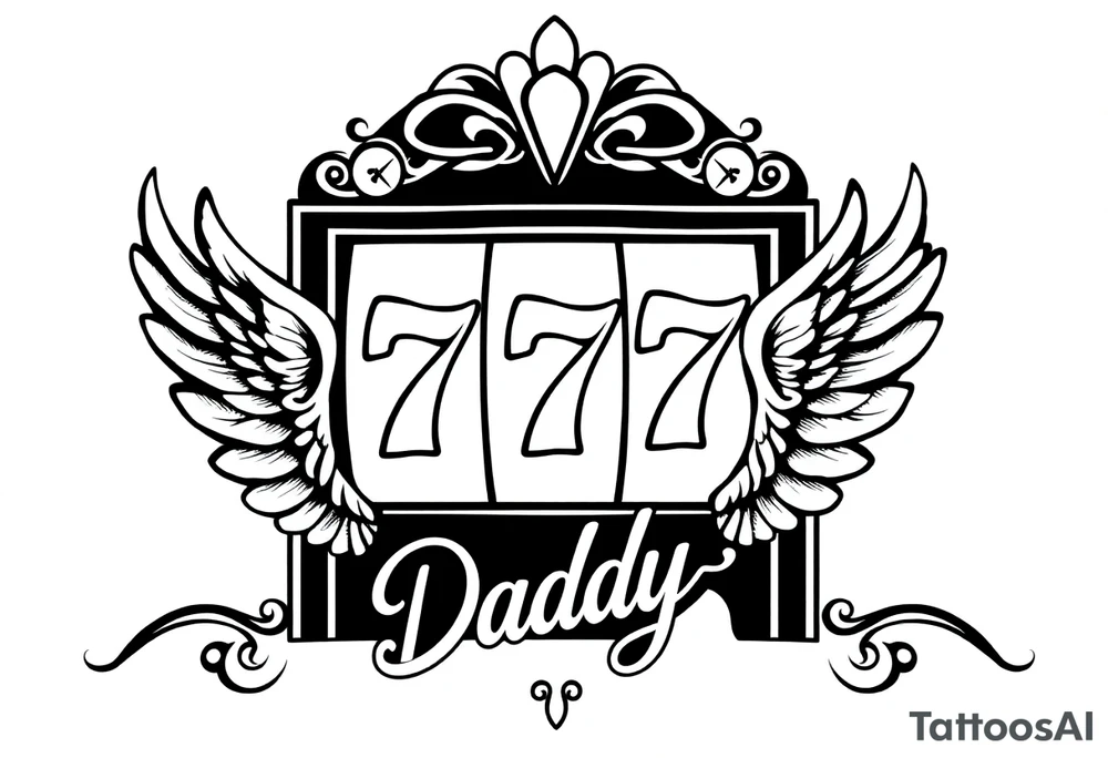 Slot machine with 777 and the word Daddy with angel wings tattoo idea