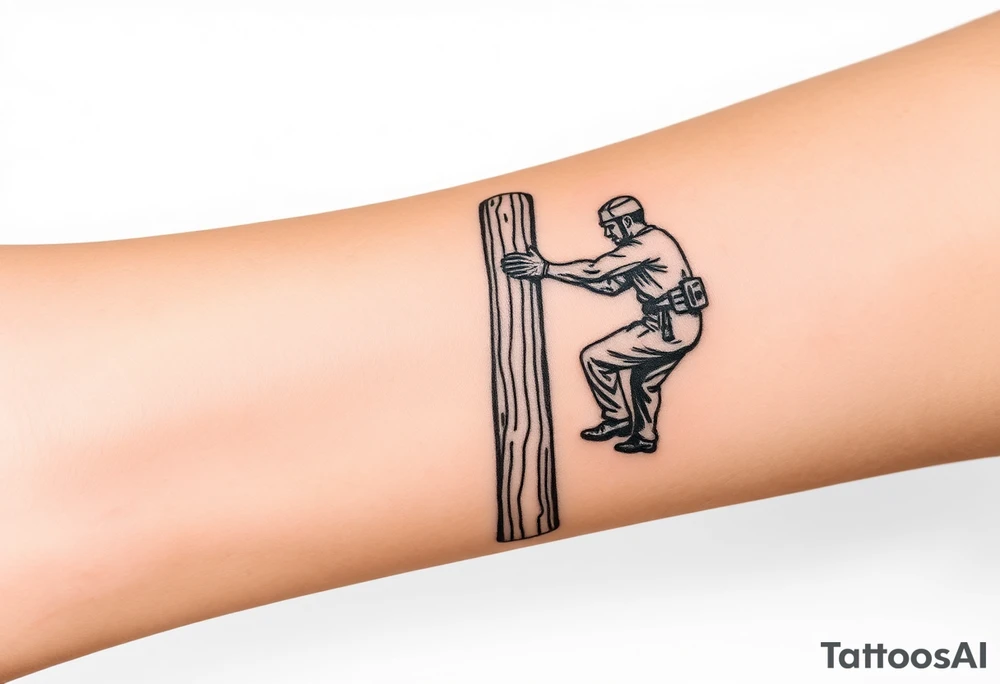 power lineman climbing a wooden 12kv pole. Make the pole a cross that has a hidden resemblance to god. tattoo idea