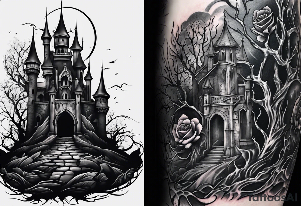 tattoo fool sleeve, destroyed dark gothic castle, tree roots break out of the chains, broken mask, roses tattoo idea