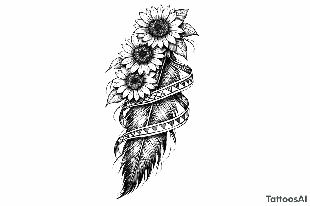 3 cascading Sunflowers on top of an Indian feather all wrapped in Indian ribbon tattoo idea