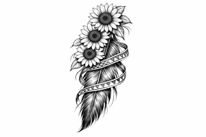 3 cascading Sunflowers on top of an Indian feather all wrapped in Indian ribbon tattoo idea