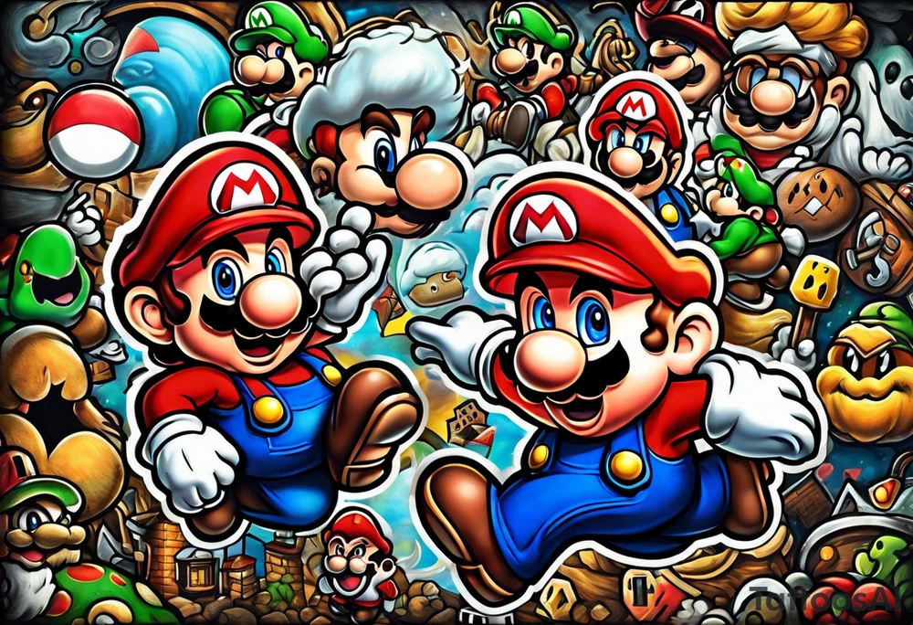 Mario brothers with ghosts and goombas with canons tattoo idea