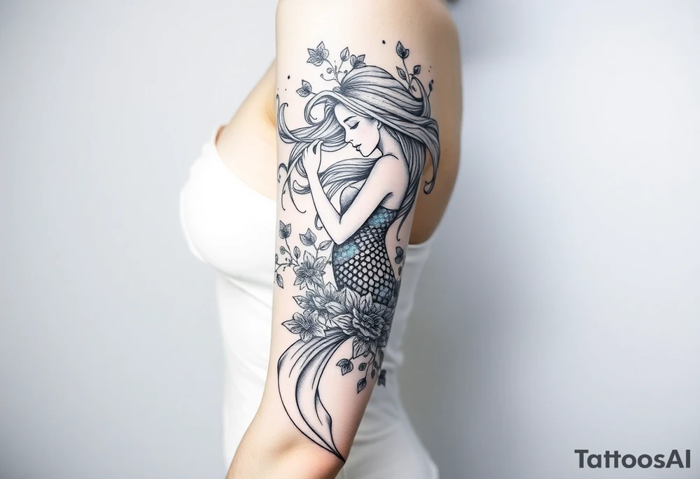 ethereal mermaid with flowing hair among coral and sea flowers tattoo idea