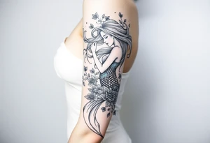 ethereal mermaid with flowing hair among coral and sea flowers tattoo idea