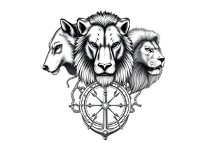 portions wolf, bear, lion, surrounded by a broken old school compass with a rope and anchor on the bottom tattoo idea