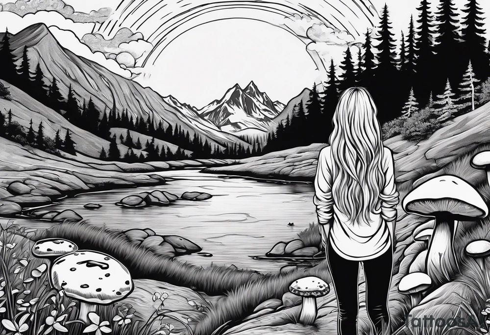 Whole picture encircled fully

Straight long blonde hair hippie girl in distance holding mushrooms in hand facing away toward mountains and creek surrounded by mushrooms long sleeve shirt and hiking pants; whole rendering within a full circle, no cut off circle tattoo idea