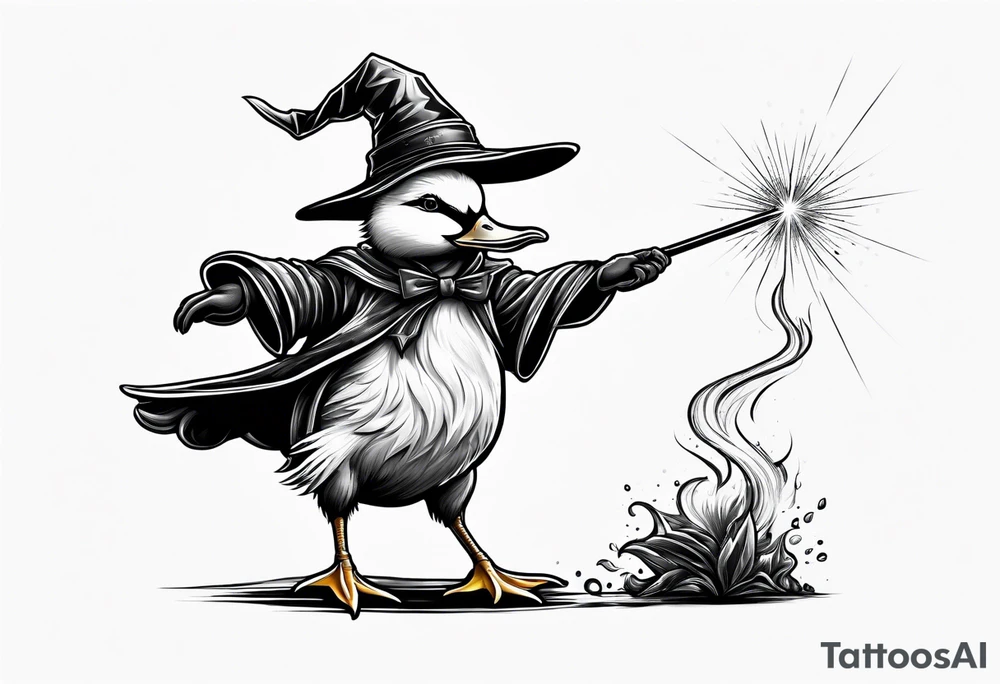 Dabbling Duck dressed like a wizard casting a spell with his wand tattoo idea