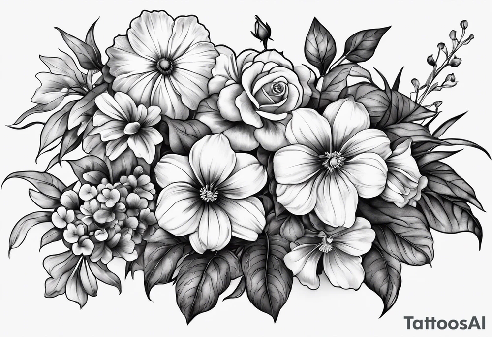black and gray bunch of flowers with stems and leaves, three violets, one daffodil, five daisies, one rose, one morning glory, two marigolds, one chysanthemum tattoo idea