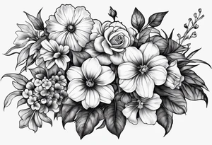 black and gray bunch of flowers with stems and leaves, three violets, one daffodil, five daisies, one rose, one morning glory, two marigolds, one chysanthemum tattoo idea