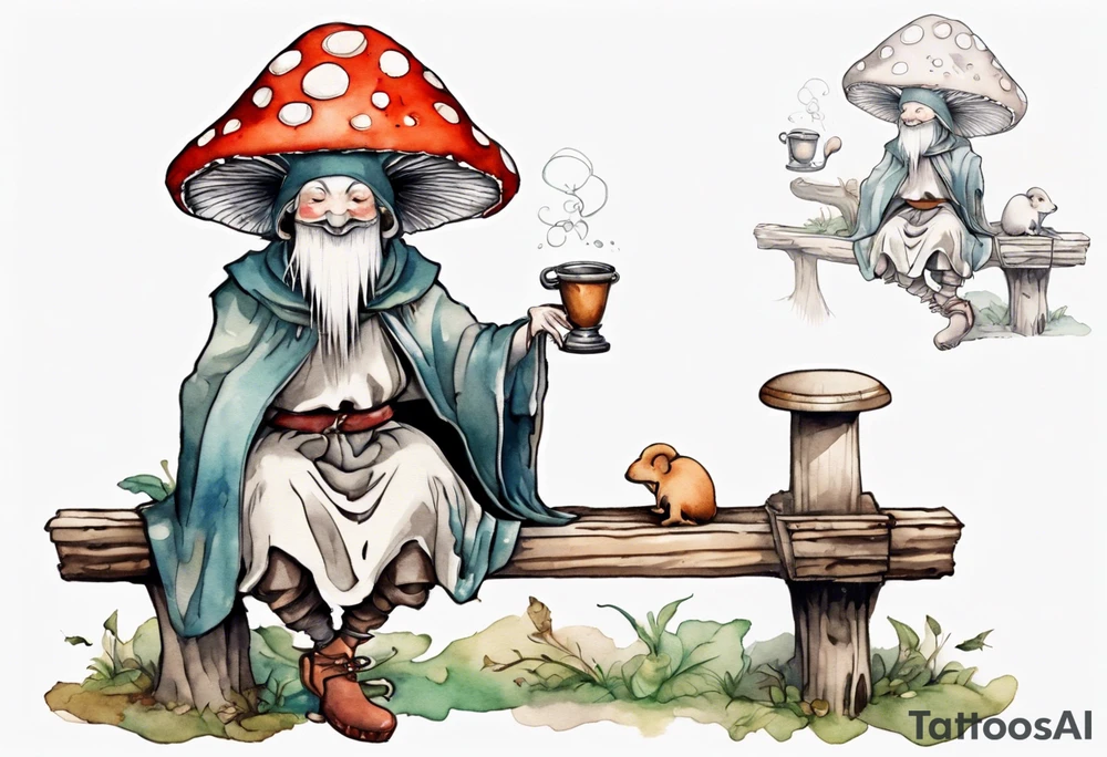 a mushroom person with a mouse-like face wearing a mushroom hat wearing a medieval tunic drinking from a wood cup, sitting on a bench laughing tattoo idea
