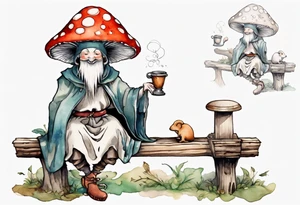 a mushroom person with a mouse-like face wearing a mushroom hat wearing a medieval tunic drinking from a wood cup, sitting on a bench laughing tattoo idea
