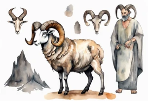 a solitary big-horned sheep with the arms and legs of a broad-shouldered man, wearing a grey tunic standing before a cave with cloven hooves for feet tattoo idea