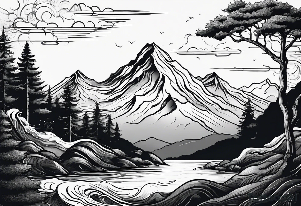 Mountain, engulfed by 2 waves. 3 stars above the mountain, trees at the bottom tattoo idea
